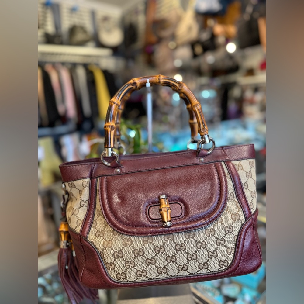 Pre Owned Gucci Bamboo Multi Media Satchel w Cross Strap Leather & GG Canvas